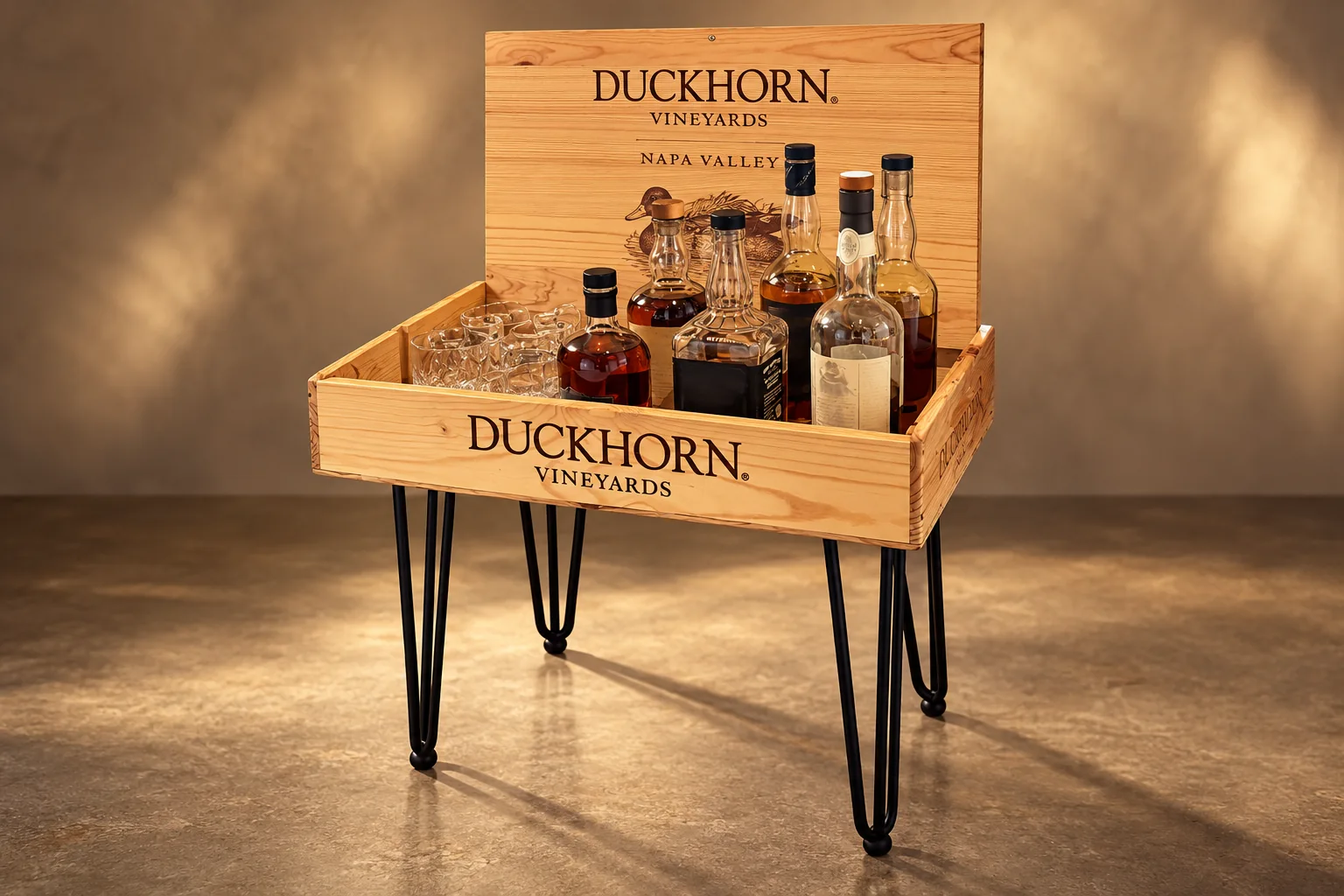 Bar aus einer wiederverwendeten Weinkiste mit Flaschen